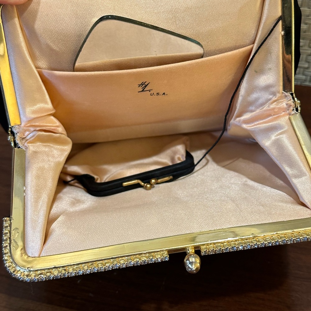🌟HP🌟VTG 1950s-60s H&L (Harry Levine) Black Satin & Rhinestone Evening Bag Set - Picture 9 of 16